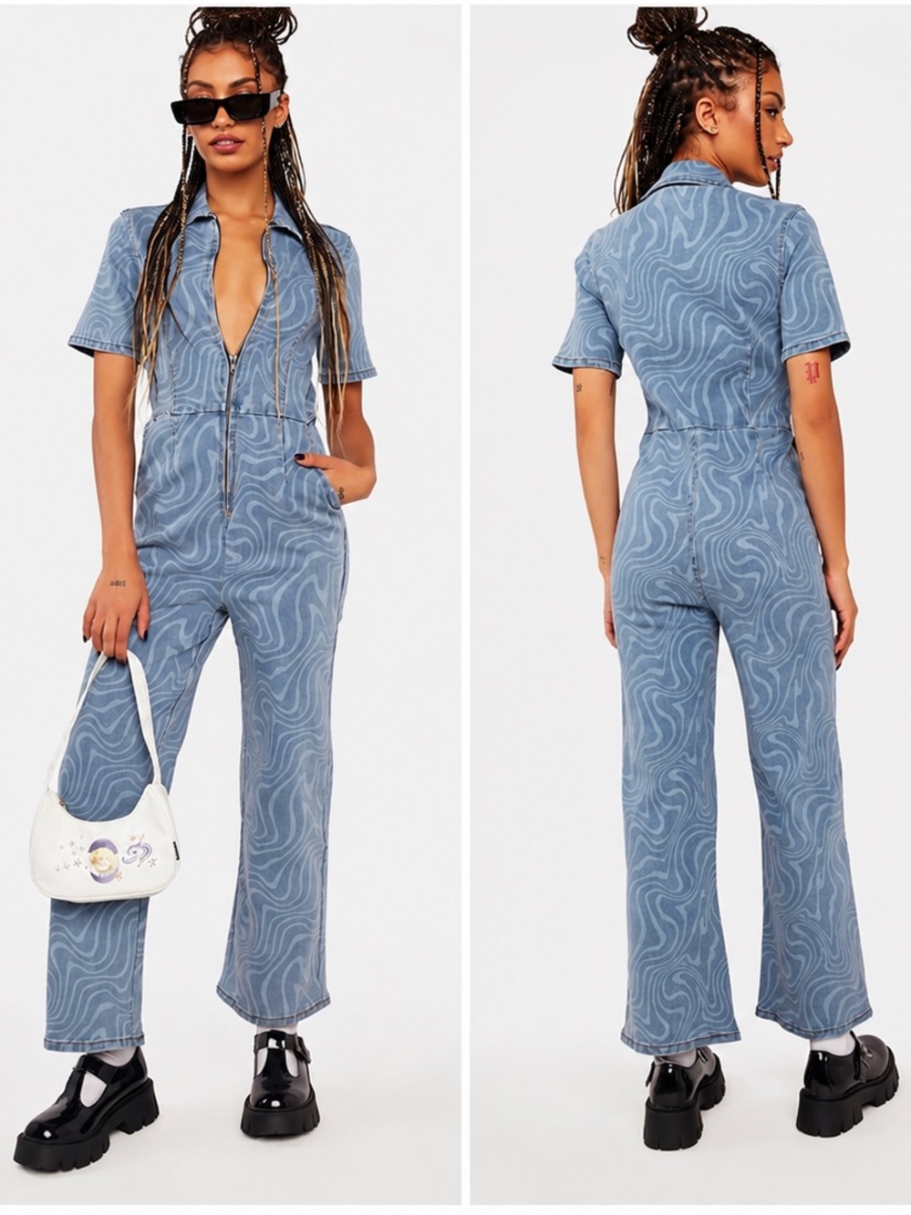 Another Girl denim collared zip up short sleeve jumpsuit swirl blue - 8 nwt